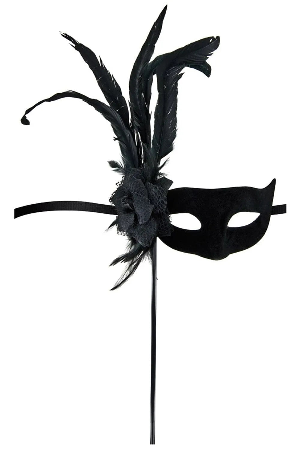 Masque Loup Noir Élégant Avec Rose Et Plumes