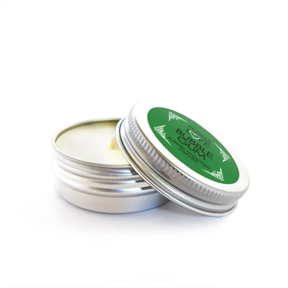 Bougie de massage fondante 30ml, cire blanche, couvercle argenté, parfum Bubble Gum, détente et plaisir sensoriel.