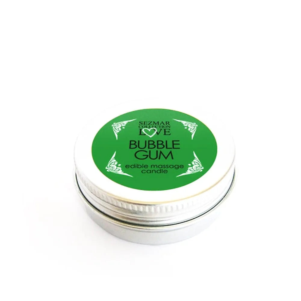 Bougie de massage cire fondante, pot métal 30ml, parfum Bubble Gum, pour détente et plaisir, mèche courte durée.