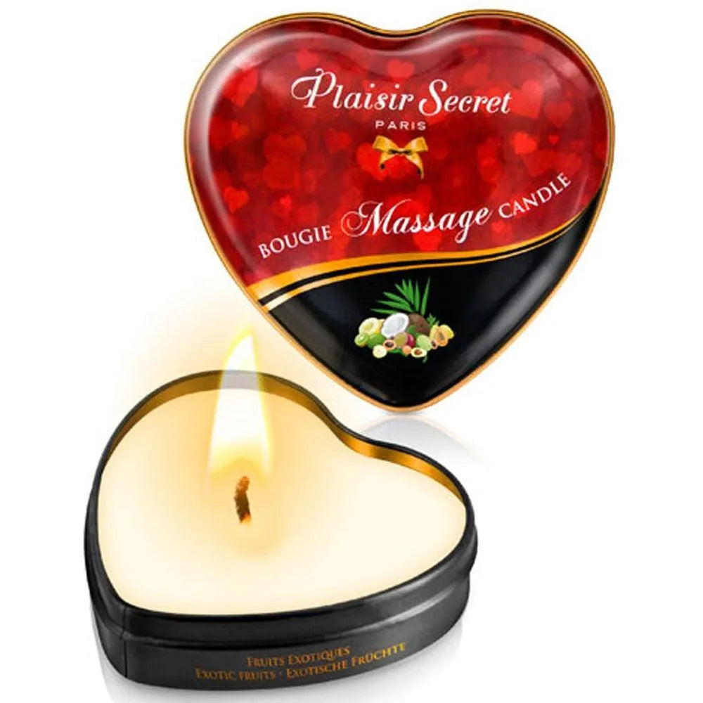 Bougie Massage Coeur Fruits Exotiques Cire Fondante Huile Chauffante Onctueuse Parfum Subtil Envoûtant Sensuel Relaxant Intime Couple Caresses Peau 35ml