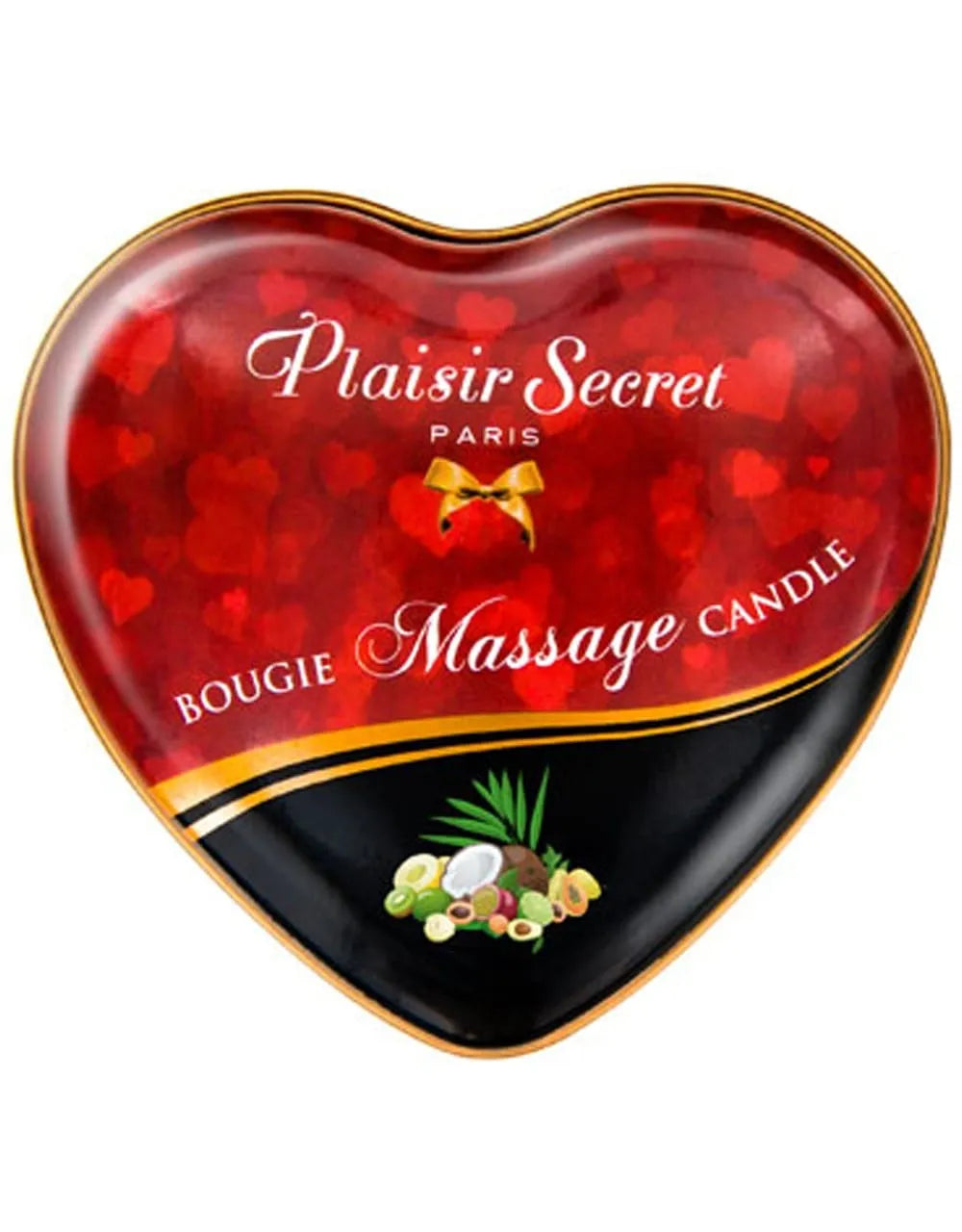 Bougie massage coeur rouge exotique, cire fondante, huile chaude, parfum fruits, détente sensuelle, 35ml.