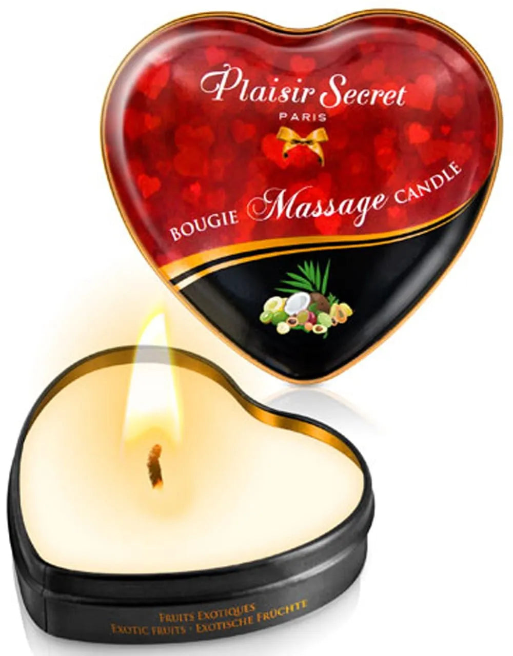 Bougie massage cœur rouge et noir, cire fondante fruits exotiques, lueur chaude, ambiance sensuelle et relaxante.