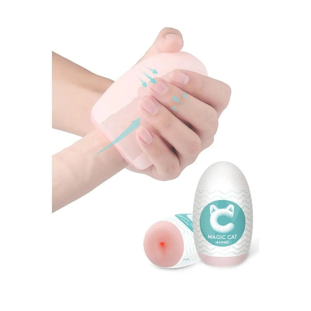 Masturbateur Magic Cat Annie rose, silicone TPE, forme compacte, nervures ondulées, ergonomique, lavable, portable.