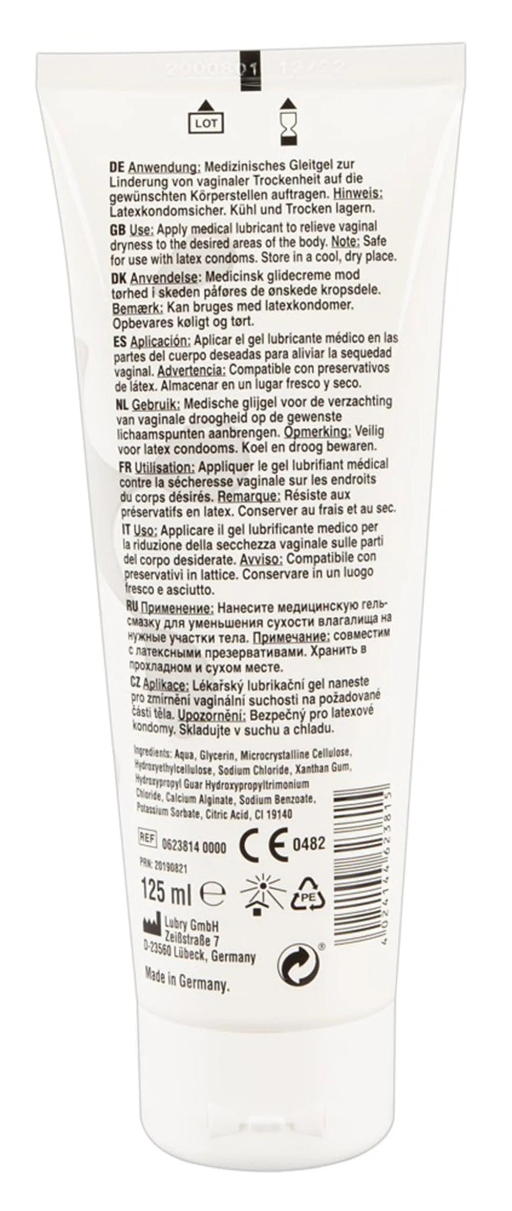 Flacon de gel lubrifiant imitation sperme, blanc, 125 ml, texte multilingue, compatible latex, hypoallergénique.
