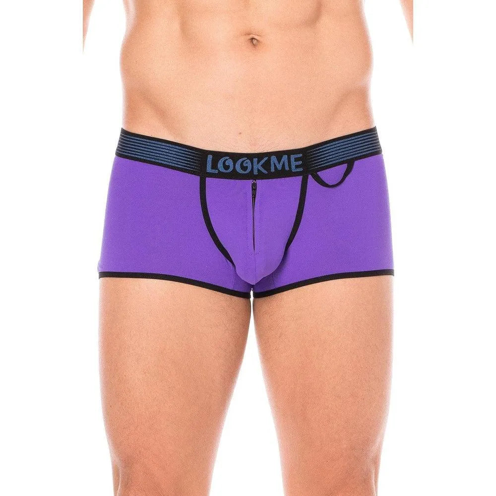 Culotte mini échancrée violette urbaine lingerie tendance audacieuse ceinture large élastique noire inscription contrastée fermeture éclair sécurité intérieure anneau latéral