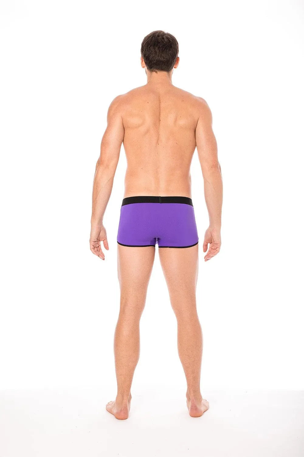 Culotte mini échancrée violette avec ceinture élastique noire, inscription Look Me, fermeture éclair avant, style urbain.