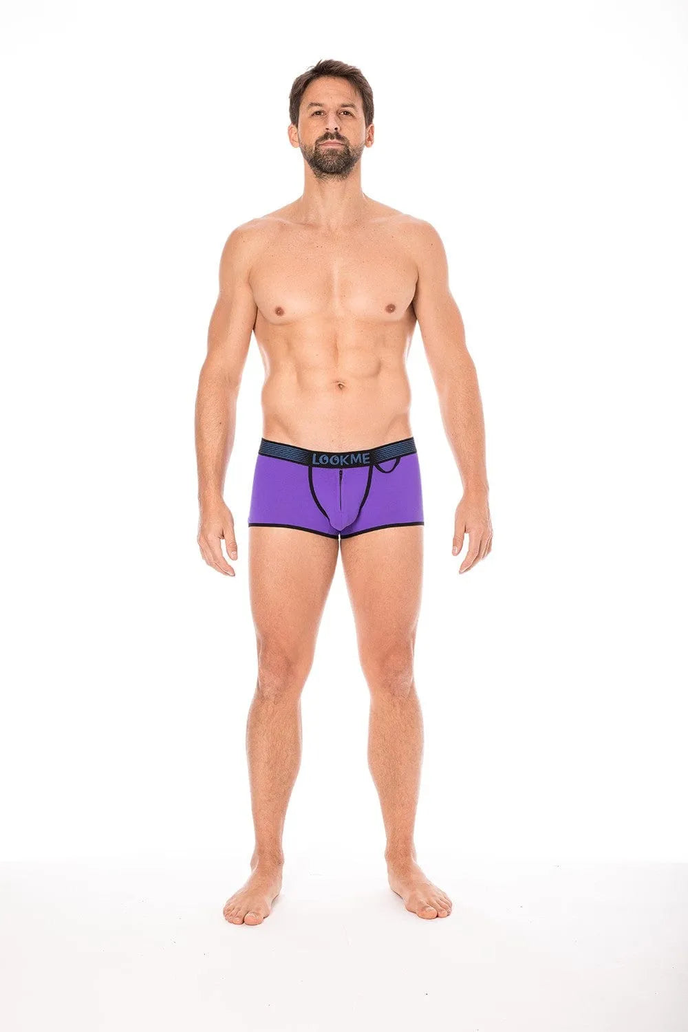 Culotte mini échancrée violette, ceinture noire Look Me, fermeture éclair avant, anneau latéral, style urbain audacieux.