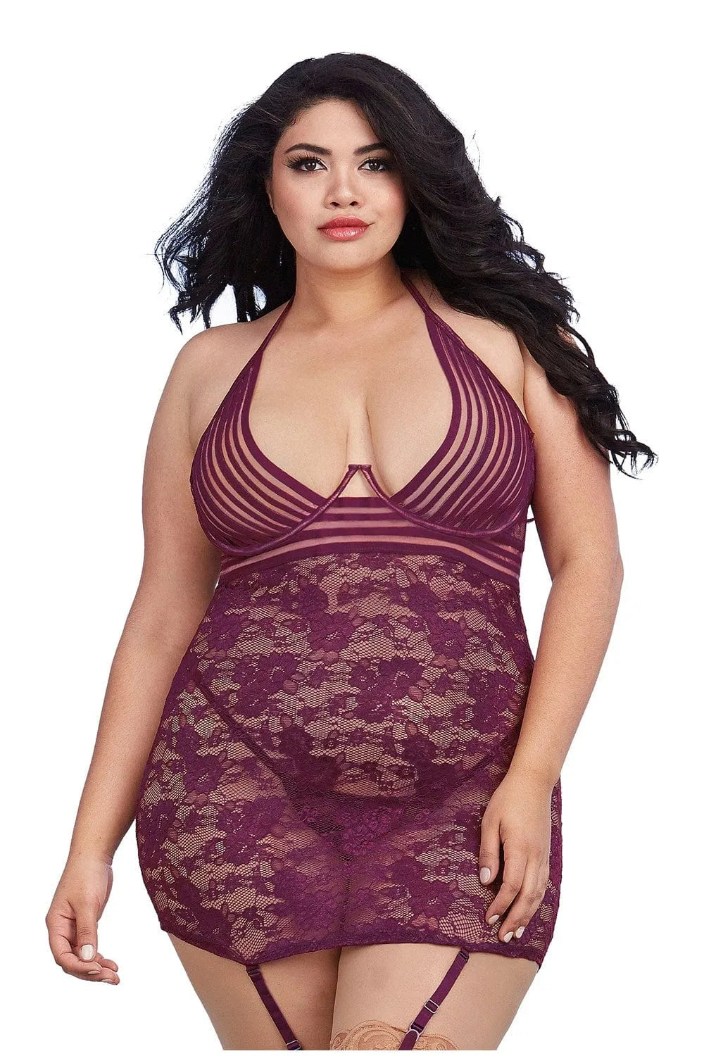 Nuisette Grande Taille Couleur Mûre Avec Porte-Jarretelles Amovibles