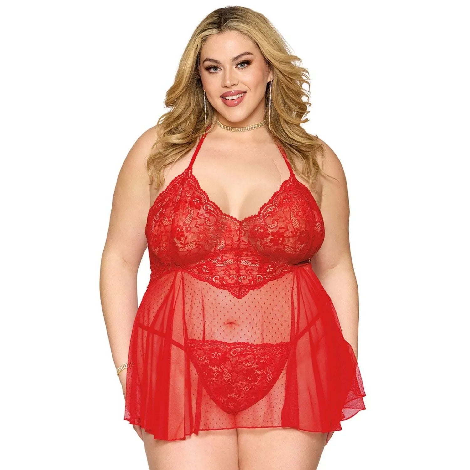 Nuisette Grande Taille Rouge Résille À Pois