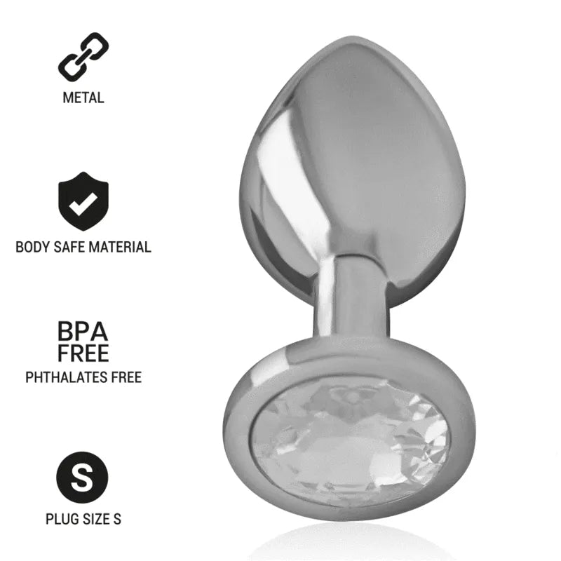 Plug anal en métal argenté avec bijou diamant, design lisse et élégant, sans phtalates, taille S, pour plaisir raffiné.