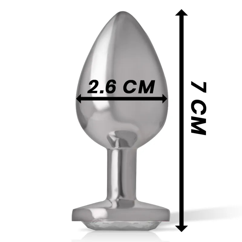 Plug anal métal argenté bijou diamant, forme conique lisse, taille 7 cm, luxe raffiné, confort hygiénique sans phtalates.