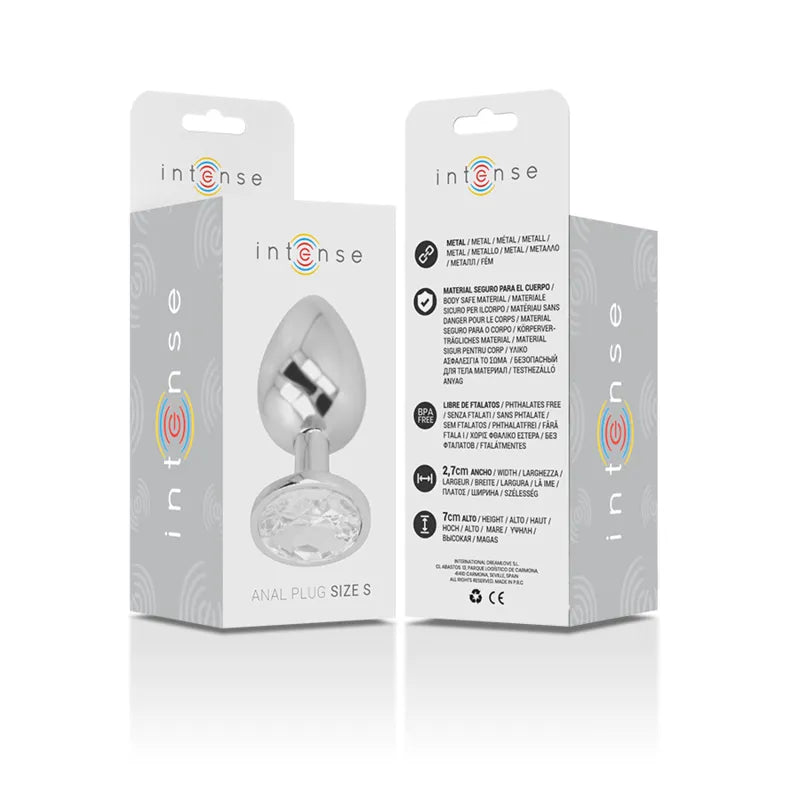 Plug anal métal argenté avec bijou diamant, design élégant et lisse, emballage Intense, luxe et confort sans phtalates.