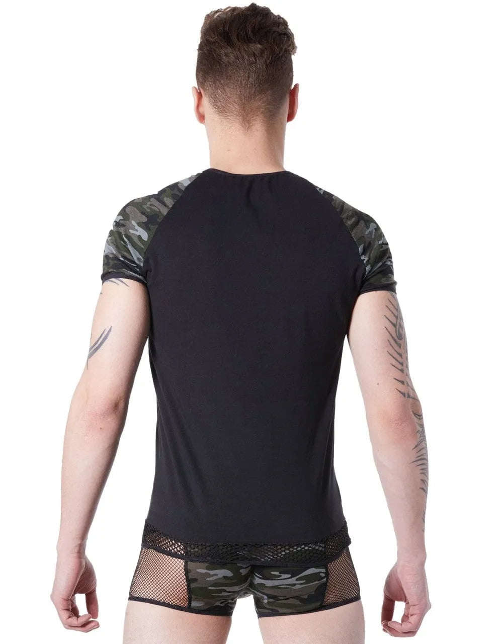 T-Shirt Noir Camouflage Manches Courtes Résille