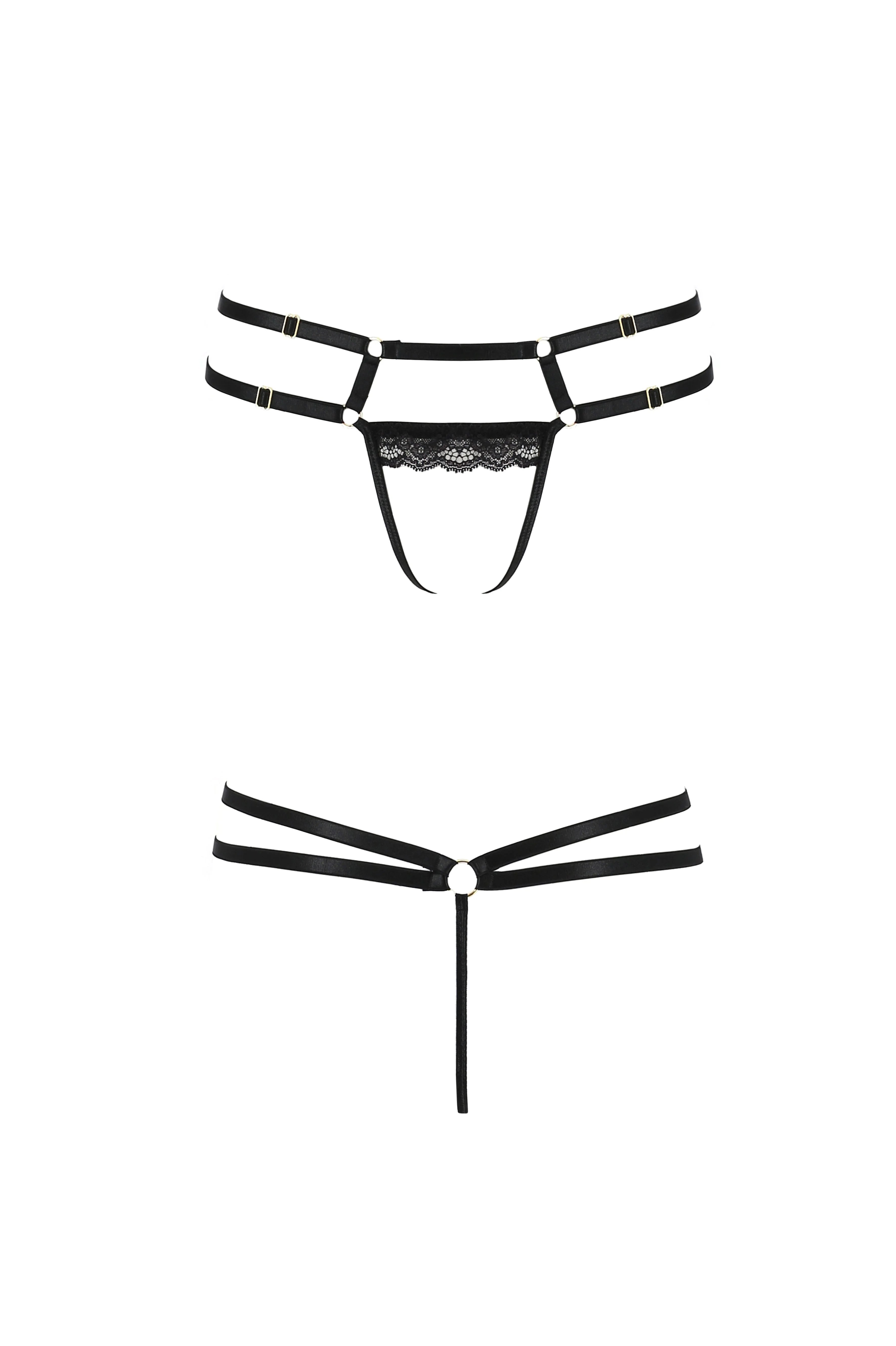 Ensemble lingerie noir Passion, dentelle et anneaux, lanières ajustables, design sensuel et raffiné, silhouette élégante.
