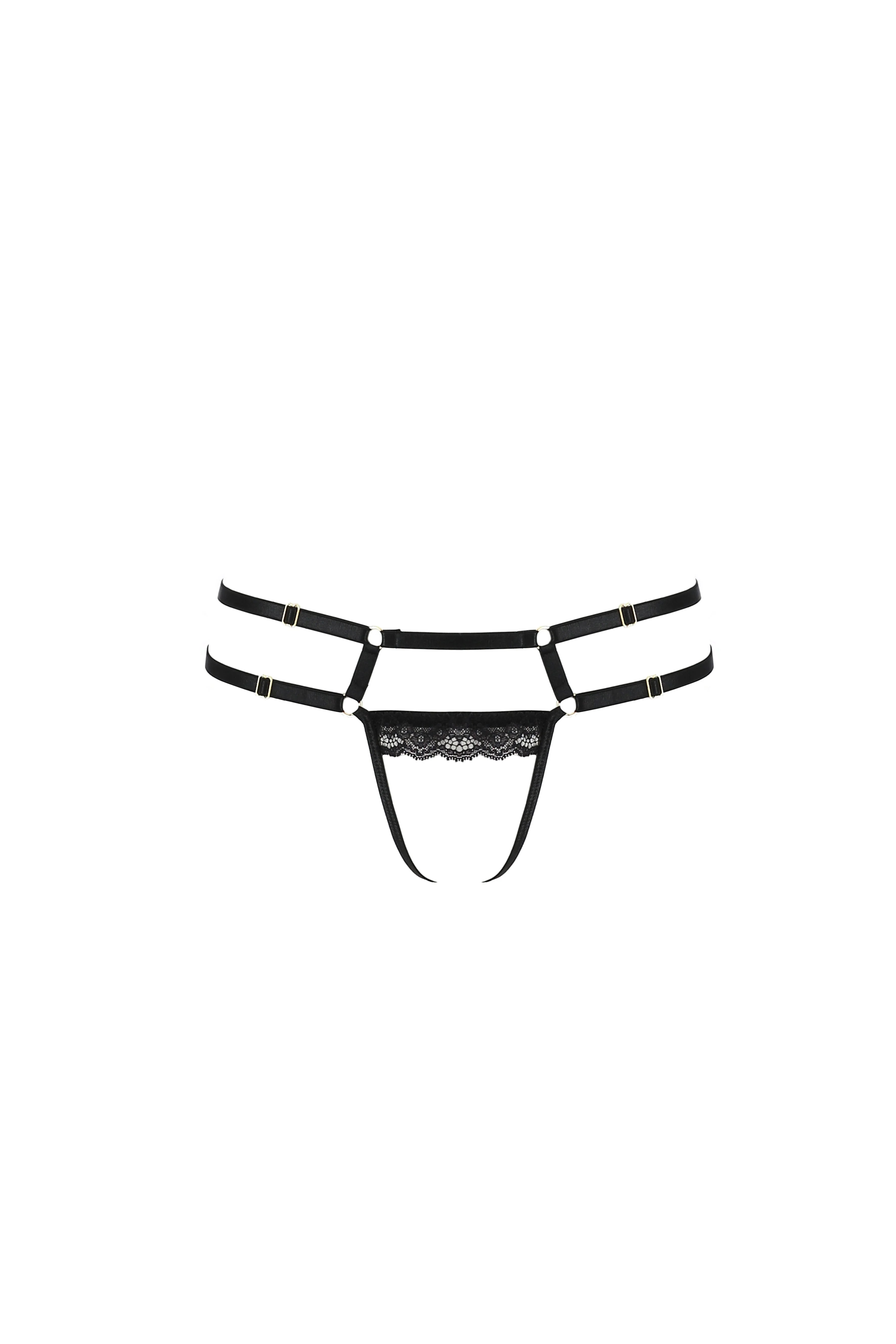 Ensemble lingerie noir Passion avec lanières, anneaux métalliques et dentelle raffinée, design sensuel et ajustable.