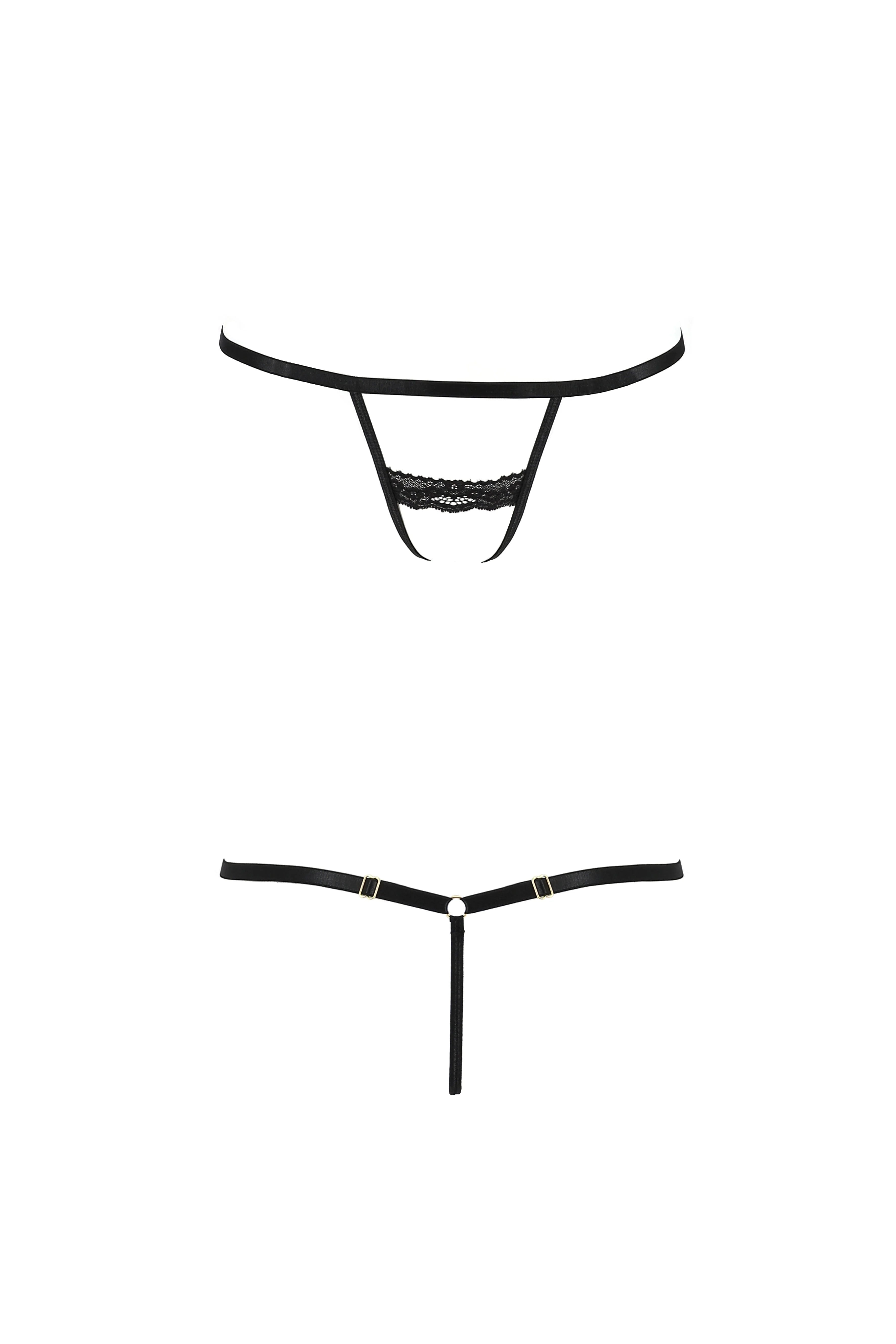 Ensemble lingerie noir trois pièces avec string ouvert, soutien-gorge sans bonnets et porte-jarretelles, design audacieux.