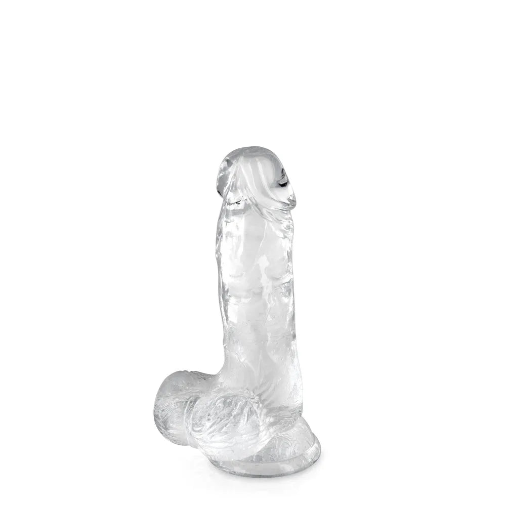 Gode transparent réaliste en TPE, texture jelly flexible, 15,3 cm, ventouse, gland et testicules, sans phtalates.